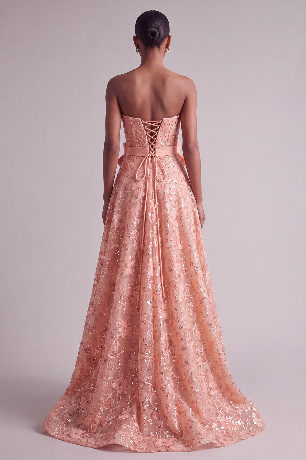 Sparkly Peach Sequins A-Line Floral Long Prom Dress with Bow