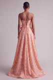 Sparkly Peach Sequins A-Line Floral Long Prom Dress with Bow