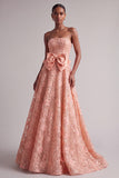 Sparkly Peach Sequins A-Line Floral Long Prom Dress with Bow