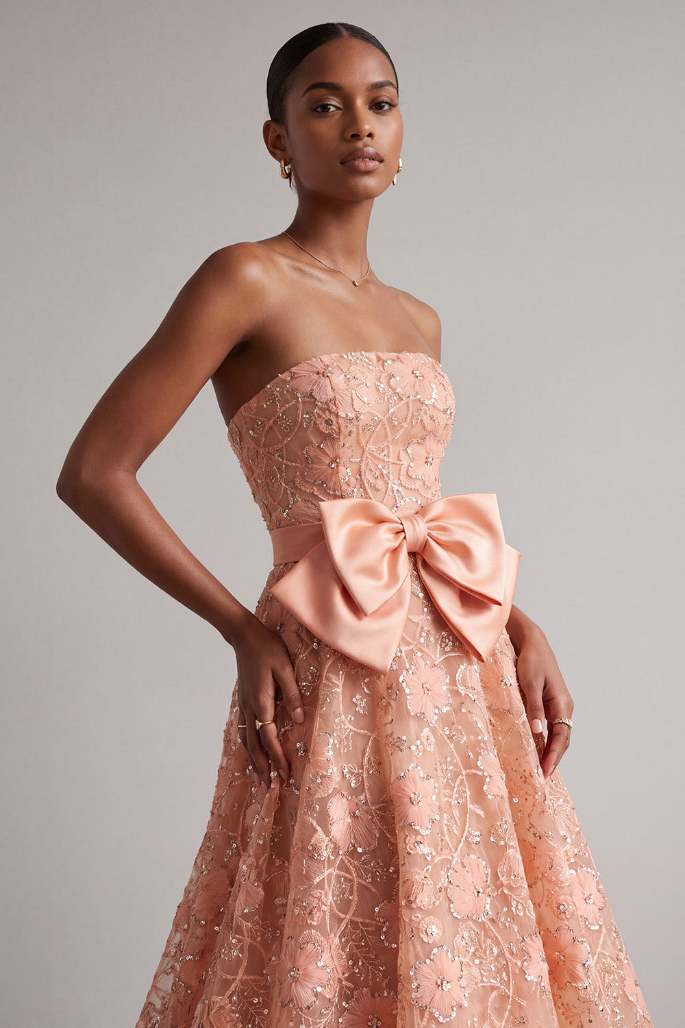 Sparkly Peach Sequins A-Line Floral Long Prom Dress with Bow