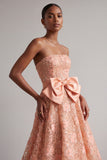 Sparkly Peach Sequins A-Line Floral Long Prom Dress with Bow