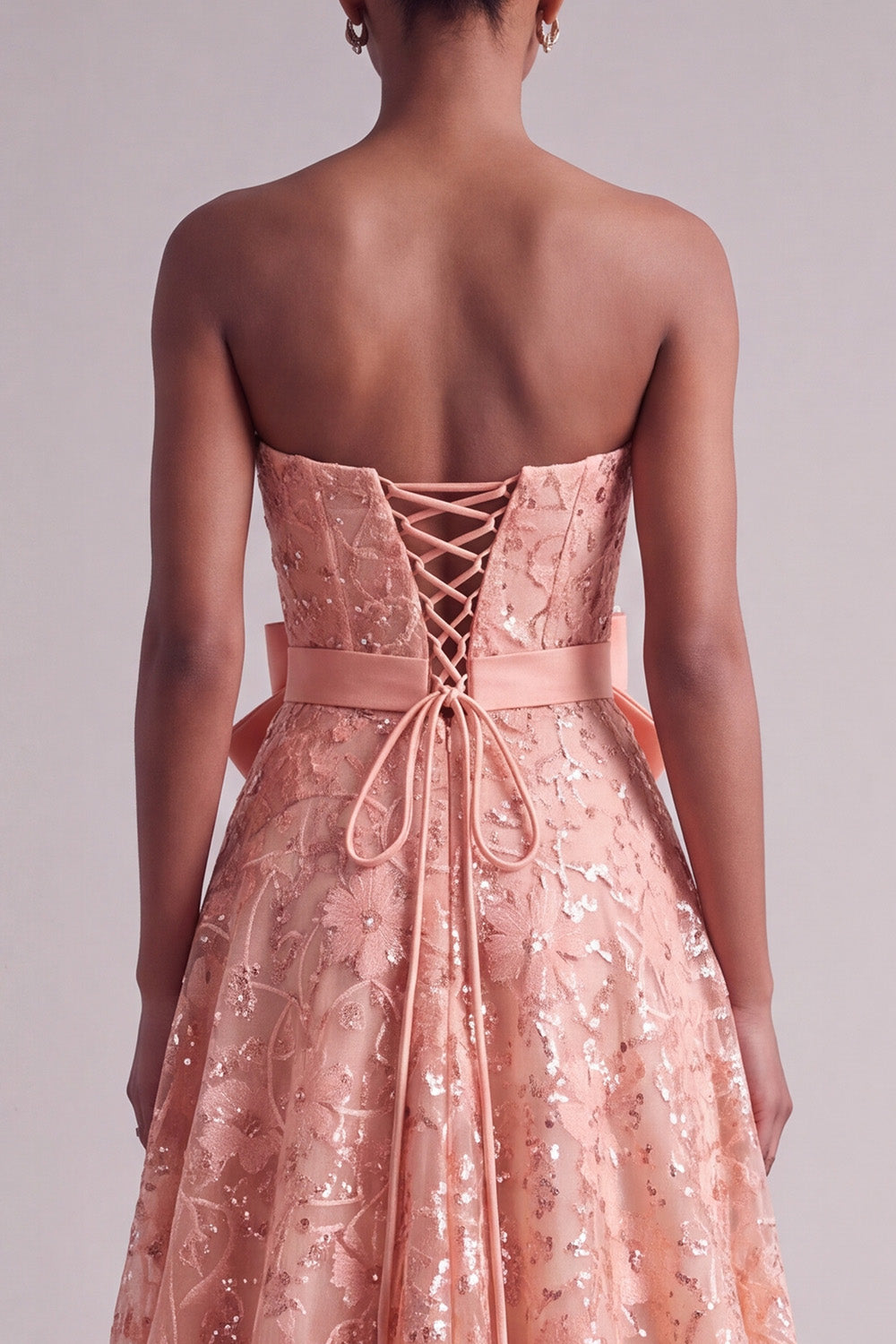 Sparkly Peach Sequins A-Line Floral Long Prom Dress with Bow