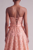 Sparkly Peach Sequins A-Line Floral Long Prom Dress with Bow