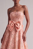 Sparkly Peach Sequins A-Line Floral Long Prom Dress with Bow