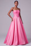 Floral Hot Pink Satin A-Line Strapless Sequin Long Prom Dress