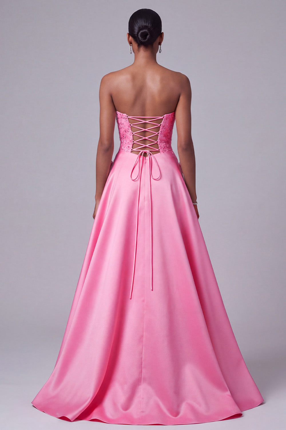 Floral Hot Pink Satin A-Line Strapless Sequin Long Prom Dress