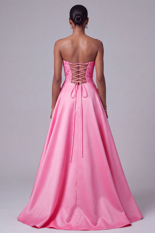 Floral Hot Pink Satin A-Line Strapless Sequin Long Prom Dress