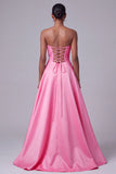 Floral Hot Pink Satin A-Line Strapless Sequin Long Prom Dress