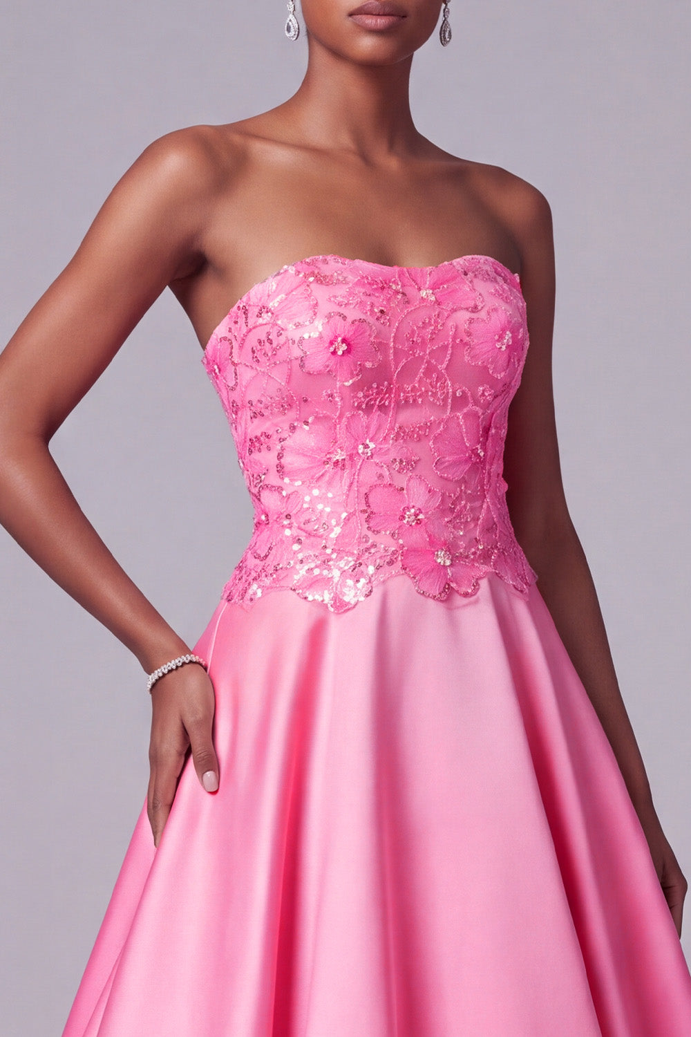 Floral Hot Pink Satin A-Line Strapless Sequin Long Prom Dress