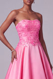 Floral Hot Pink Satin A-Line Strapless Sequin Long Prom Dress