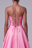 Floral Hot Pink Satin A-Line Strapless Sequin Long Prom Dress