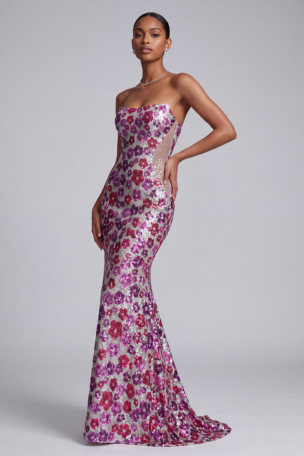 Mermaid Strapless Sparkly Fuchsia Sequins Floral Long Prom Dress