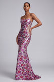 Mermaid Strapless Sparkly Fuchsia Sequins Floral Long Prom Dress