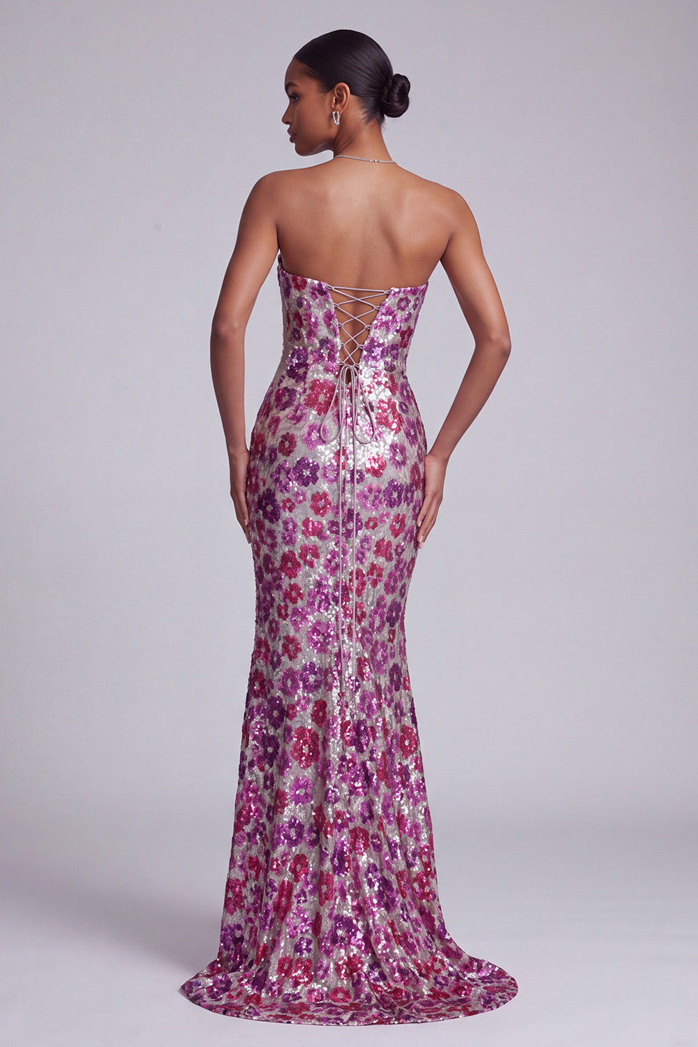 Mermaid Strapless Sparkly Fuchsia Sequins Floral Long Prom Dress
