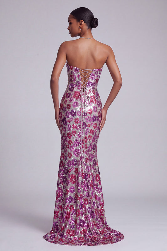 Mermaid Strapless Sparkly Fuchsia Sequins Floral Long Prom Dress