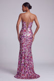 Mermaid Strapless Sparkly Fuchsia Sequins Floral Long Prom Dress