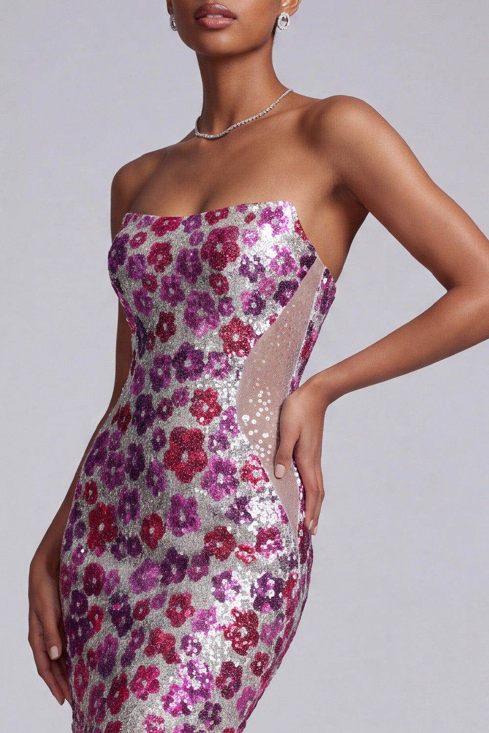Mermaid Strapless Sparkly Fuchsia Sequins Floral Long Prom Dress