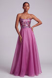 Sparkly Fuchsia Floral A-Line Strapless Sequins Long Prom Dress