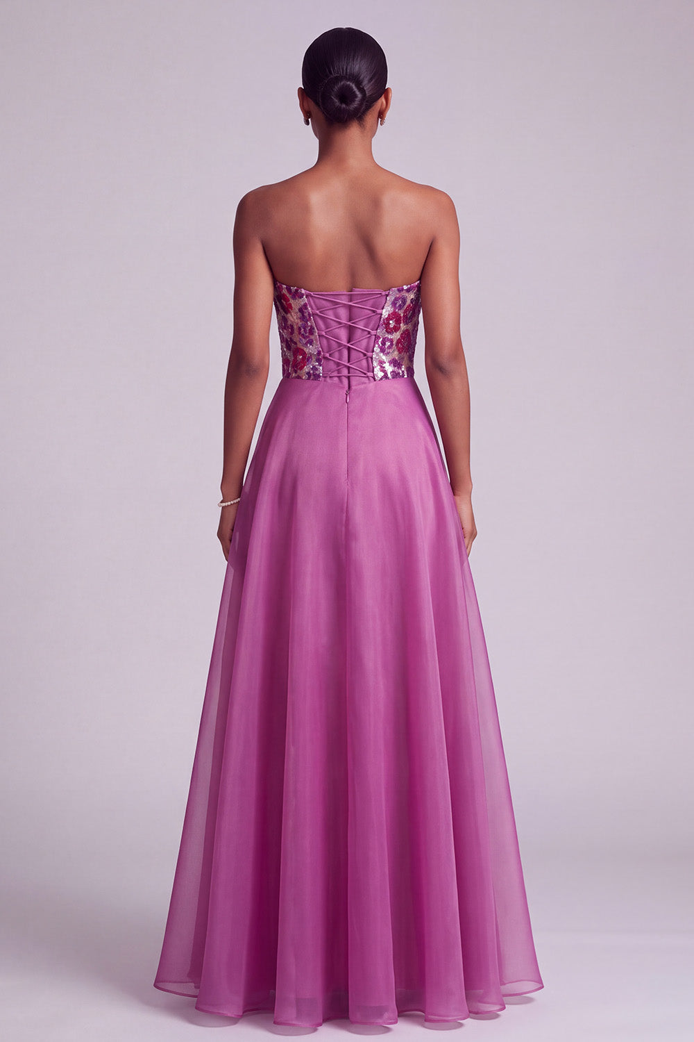 Sparkly Fuchsia Floral A-Line Strapless Sequins Long Prom Dress