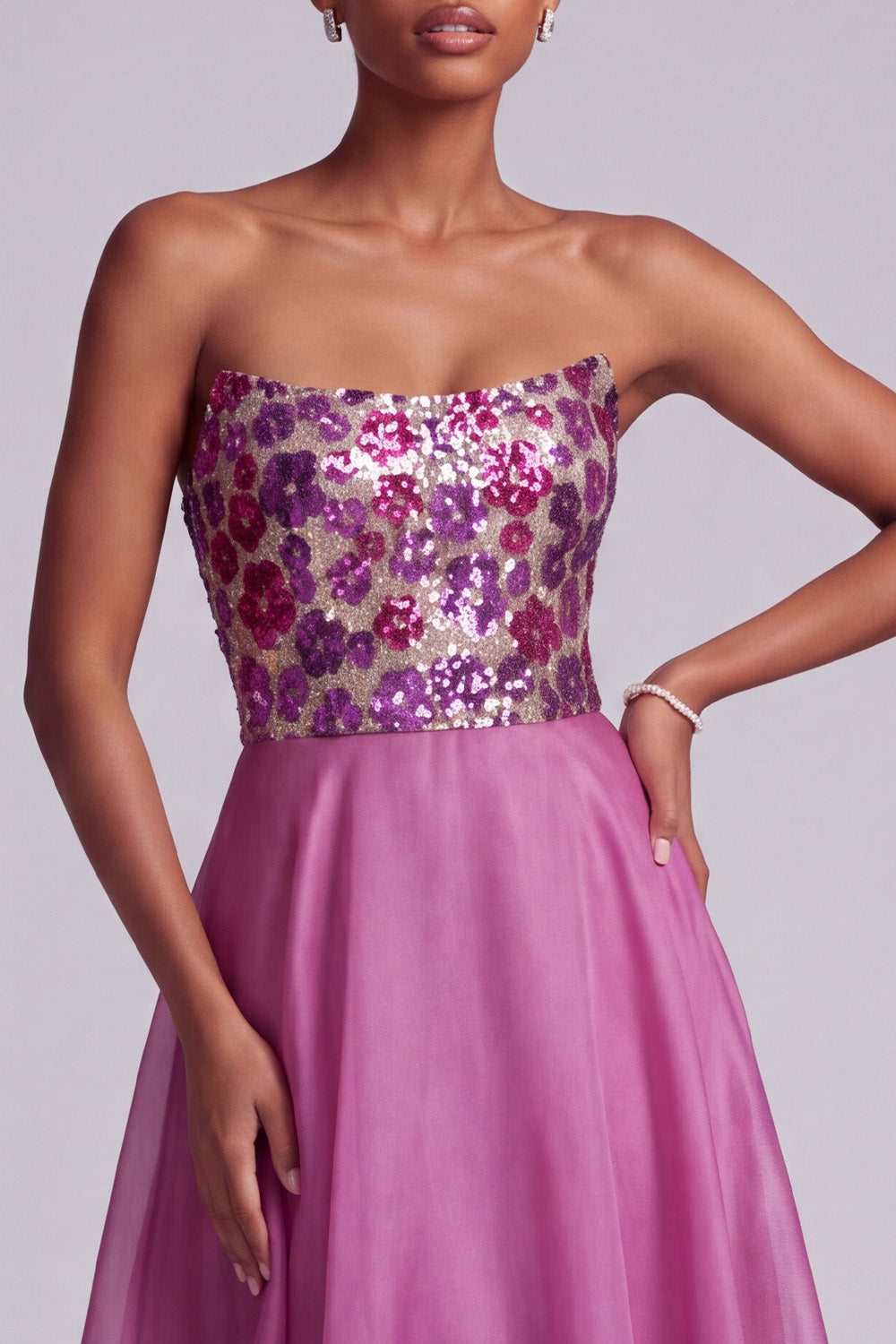 Sparkly Fuchsia Floral A-Line Strapless Sequins Long Prom Dress