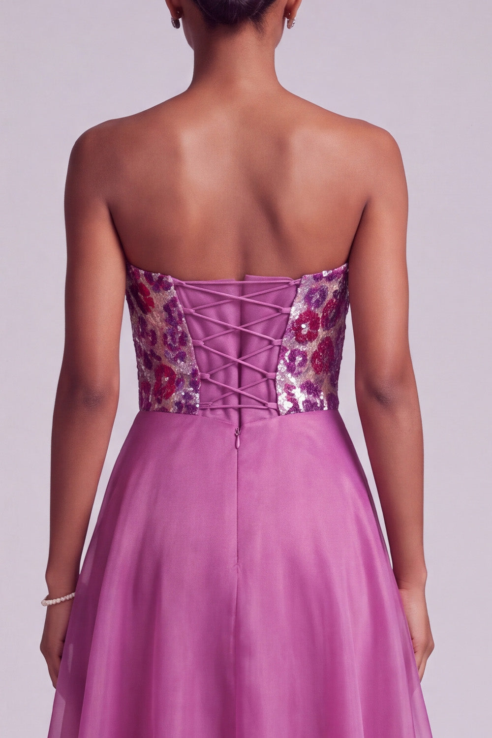 Sparkly Fuchsia Floral A-Line Strapless Sequins Long Prom Dress