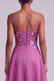 Sparkly Fuchsia Floral A-Line Strapless Sequins Long Prom Dress