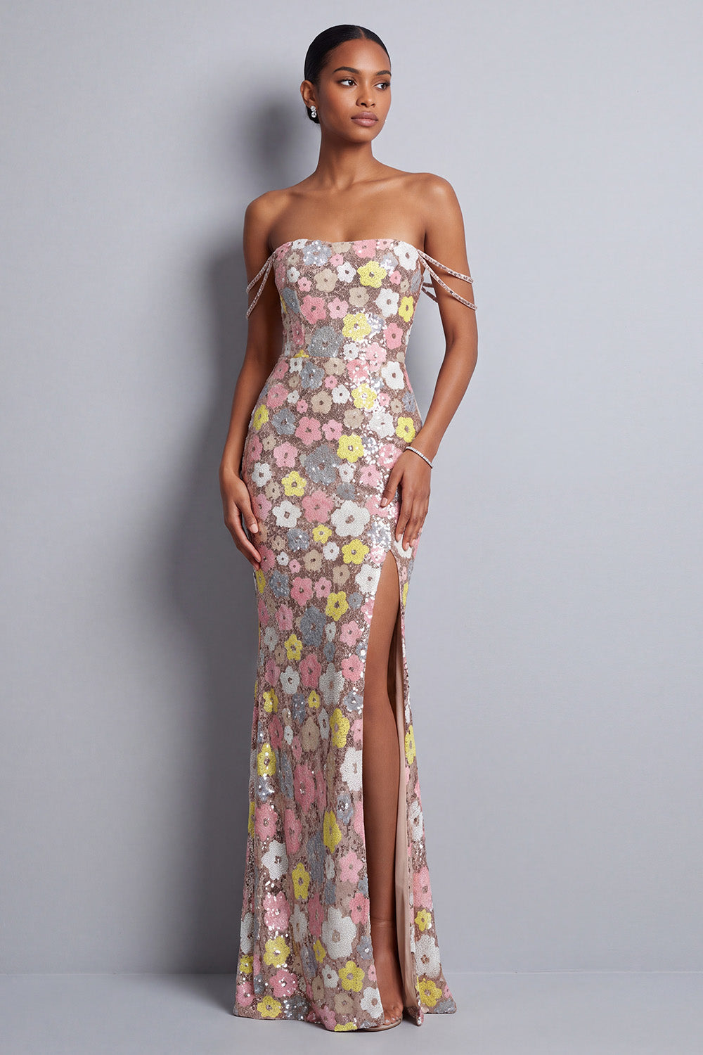 Sparkly Pink Sequins Off the Shoulder Floral Long Prom Dress with Slit