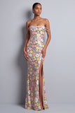 Sparkly Pink Sequins Off the Shoulder Floral Long Prom Dress with Slit