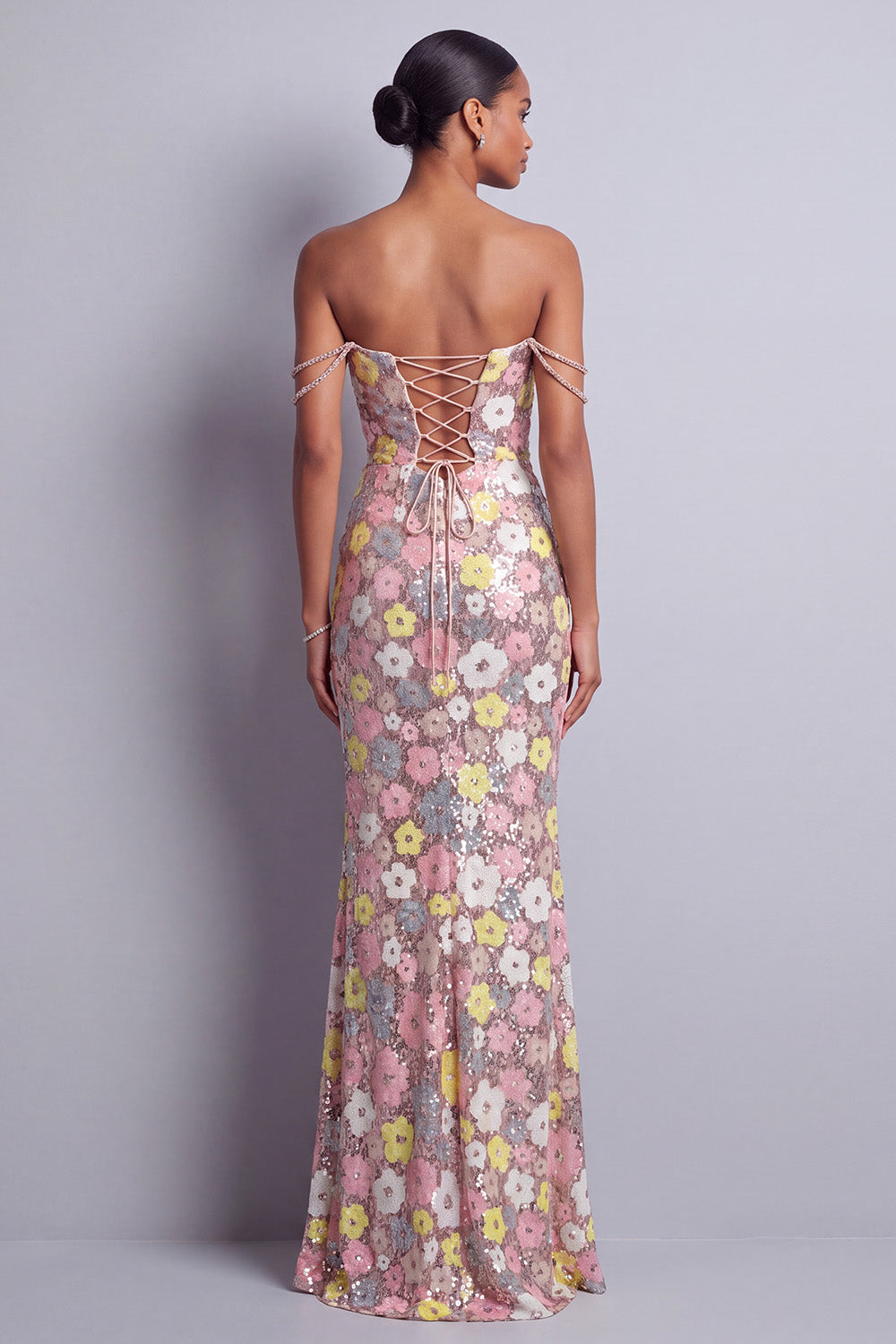 Sparkly Pink Sequins Off the Shoulder Floral Long Prom Dress with Slit