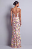 Sparkly Pink Sequins Off the Shoulder Floral Long Prom Dress with Slit