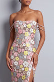 Sparkly Pink Sequins Off the Shoulder Floral Long Prom Dress with Slit