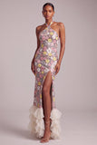 Sparkly Pink Floral Sequin Ruffled Halter Long Prom Dress with Slit