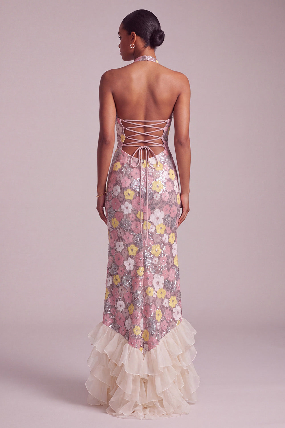 Sparkly Pink Floral Sequin Ruffled Halter Long Prom Dress with Slit
