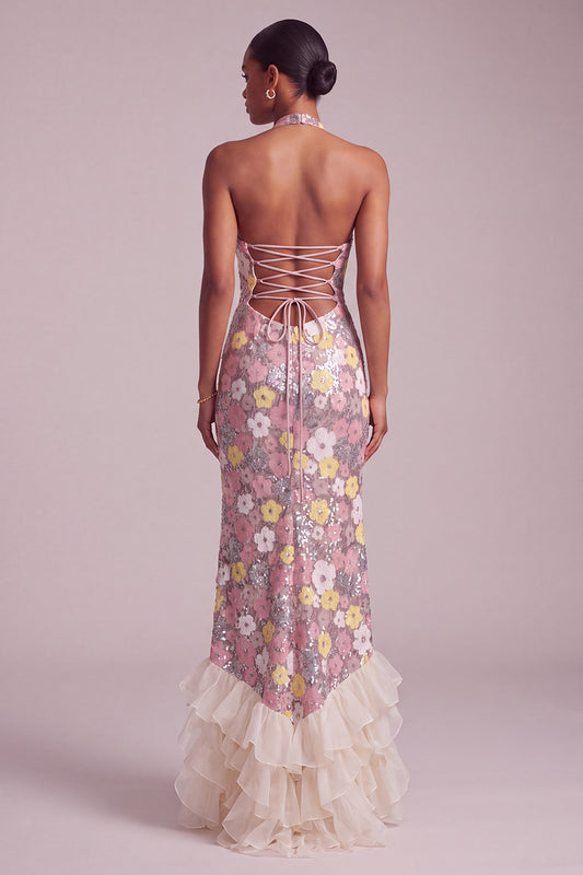Sparkly Pink Floral Sequin Ruffled Halter Long Prom Dress with Slit