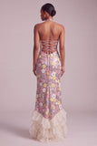 Sparkly Pink Floral Sequin Ruffled Halter Long Prom Dress with Slit