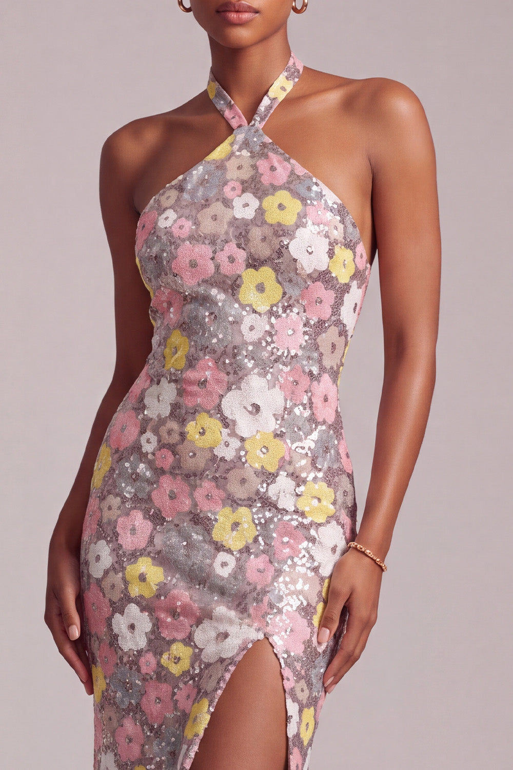 Sparkly Pink Floral Sequin Ruffled Halter Long Prom Dress with Slit