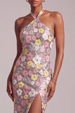 Sparkly Pink Floral Sequin Ruffled Halter Long Prom Dress with Slit