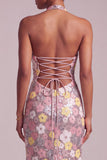 Sparkly Pink Floral Sequin Ruffled Halter Long Prom Dress with Slit