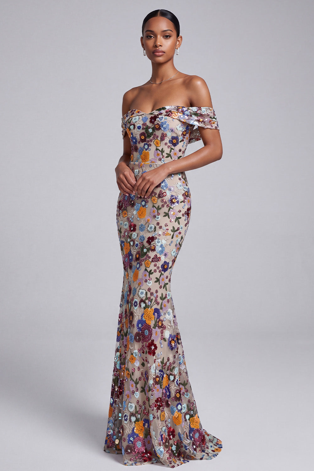 Light Grey Floral Beaded Mermaid Off the Shoulder Long Prom Dress