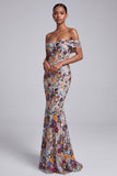Light Grey Floral Beaded Mermaid Off the Shoulder Long Prom Dress