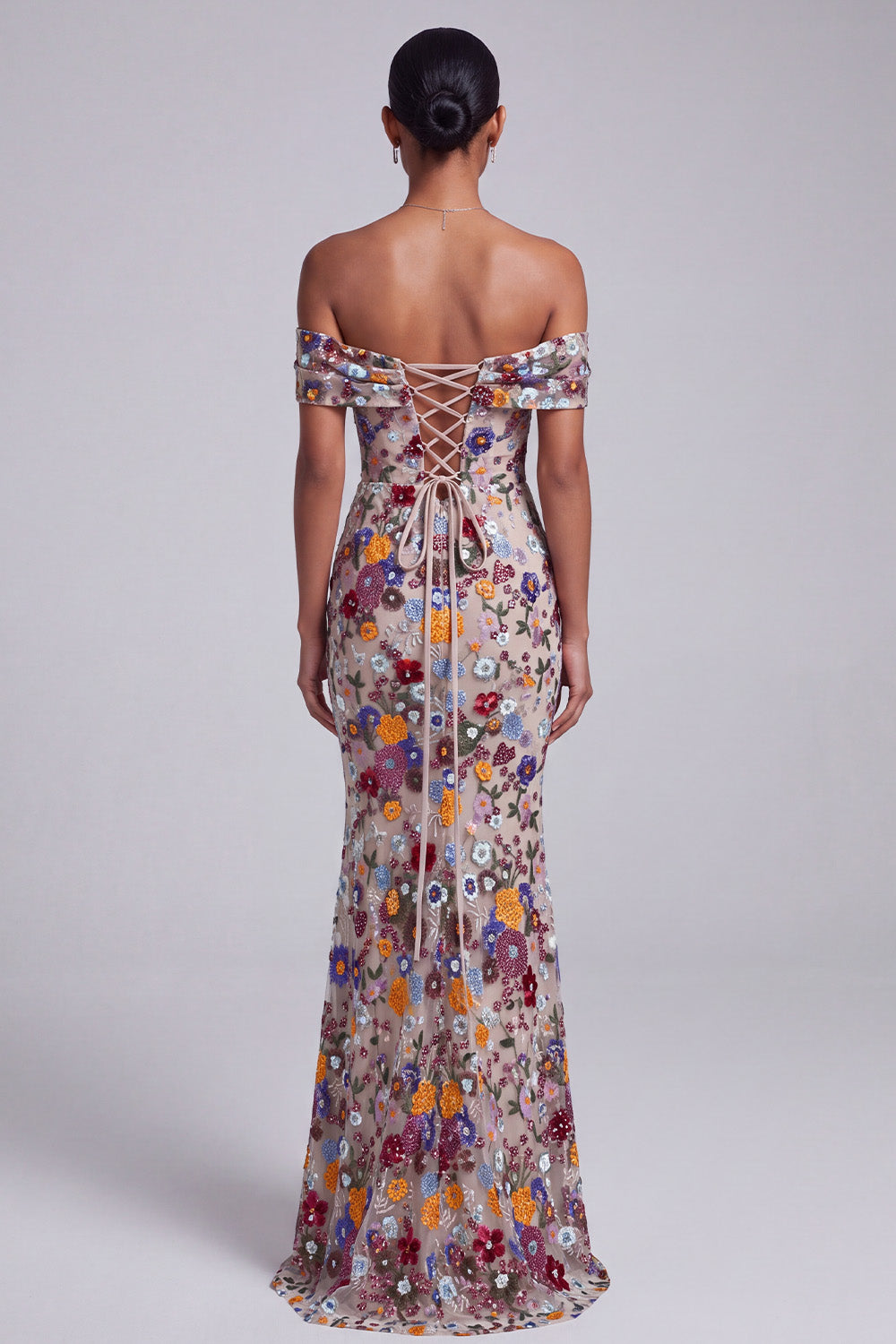 Light Grey Floral Beaded Mermaid Off the Shoulder Long Prom Dress