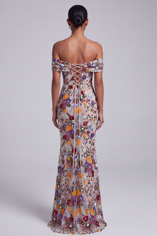 Light Grey Floral Beaded Mermaid Off the Shoulder Long Prom Dress
