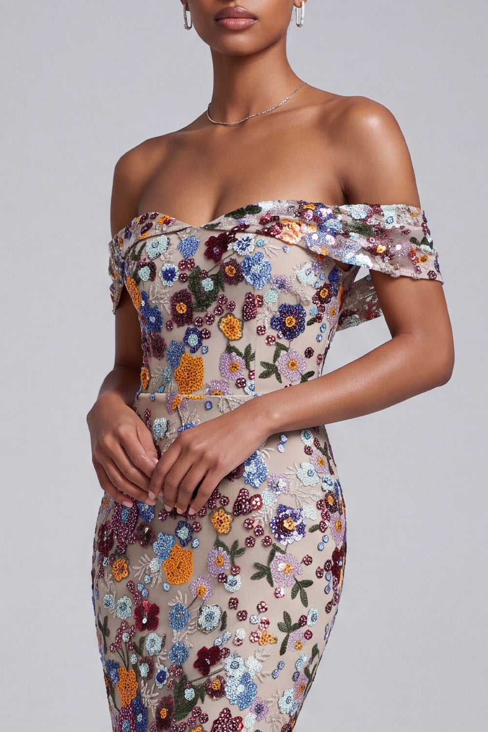 Light Grey Floral Beaded Mermaid Off the Shoulder Long Prom Dress