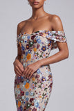Light Grey Floral Beaded Mermaid Off the Shoulder Long Prom Dress