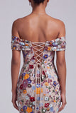 Light Grey Floral Beaded Mermaid Off the Shoulder Long Prom Dress