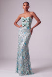 Sparkly Dusty Blue Mermaid Floral Sequin Long Prom Dress with Bows