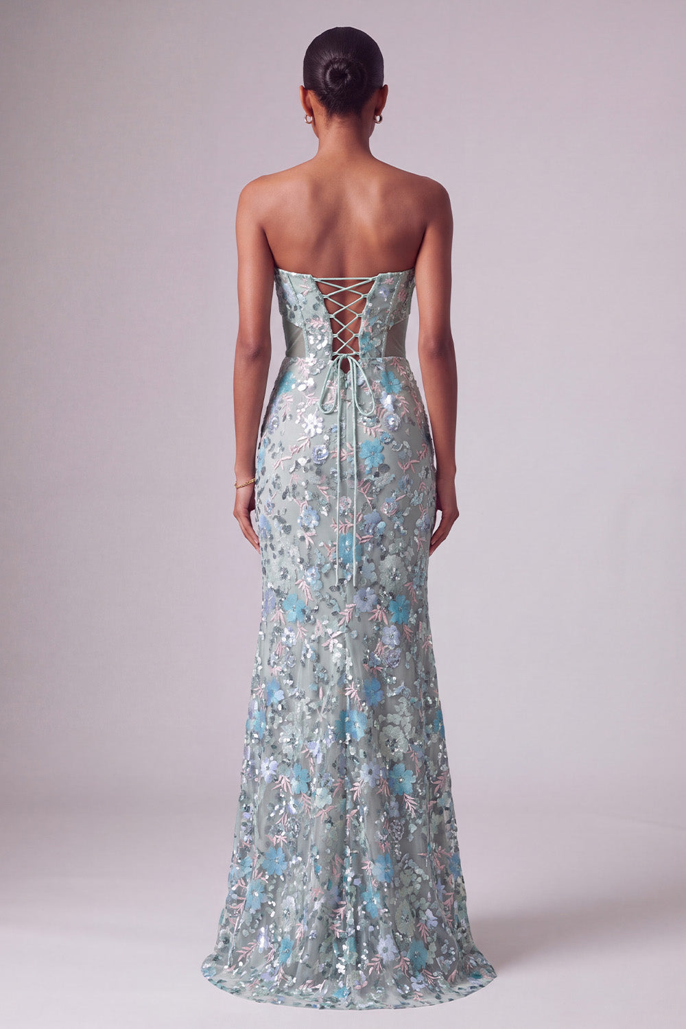 Sparkly Dusty Blue Mermaid Floral Sequin Long Prom Dress with Bows