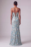 Sparkly Dusty Blue Mermaid Floral Sequin Long Prom Dress with Bows