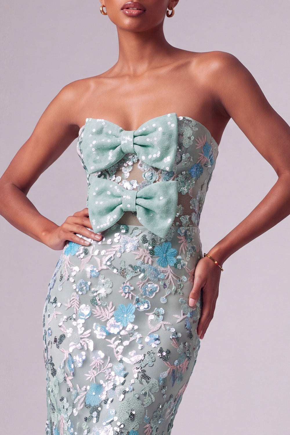 Sparkly Dusty Blue Mermaid Floral Sequin Long Prom Dress with Bows