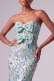 Sparkly Dusty Blue Mermaid Floral Sequin Long Prom Dress with Bows